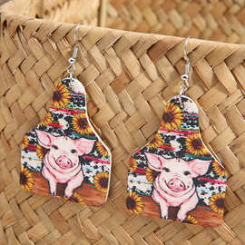 欧美新款酒瓶型复古笑脸猪pu耳环西部风个性向日葵皮耳饰批发跨境