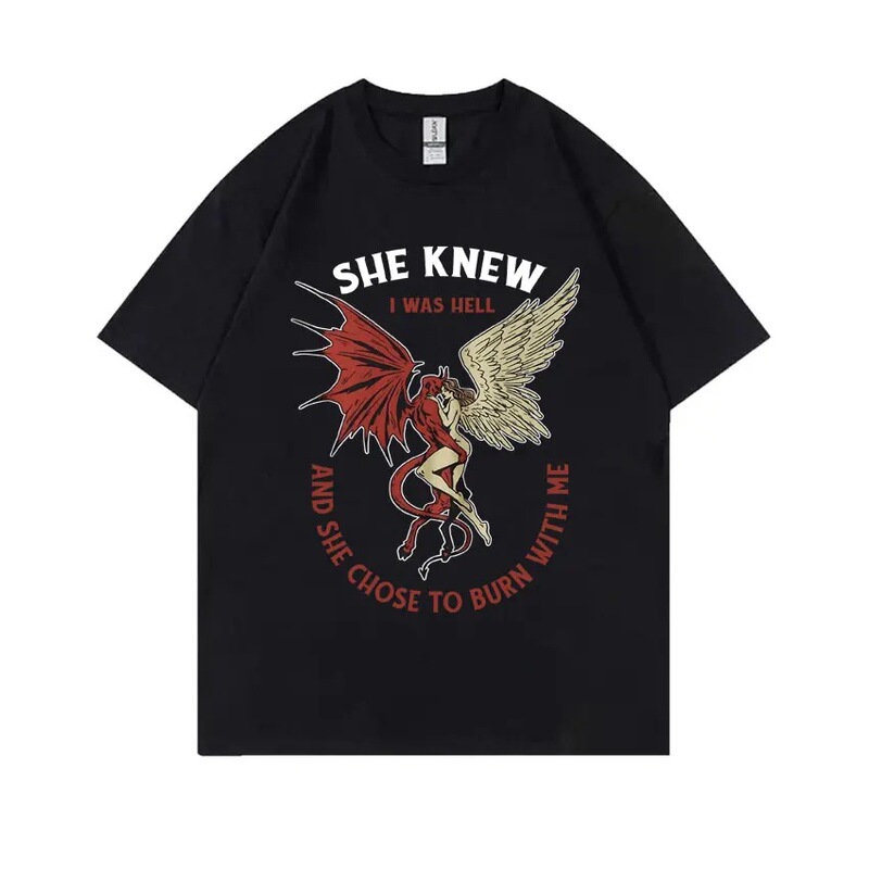 She Knows I'M Hell, and She Chose to Burn with Me. Angel and Demon Vintage Graphic T-Shirt for Men