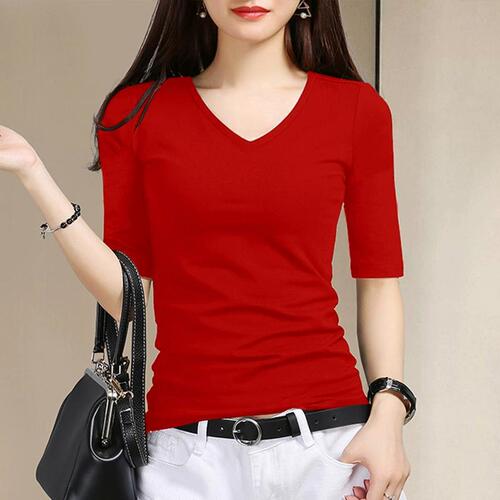Women's 2025 Plain Color Five-Button Sleeve V-Neck T-Shirt, Slim Fit Black Base Shirt for Spring and Autumn Outfit