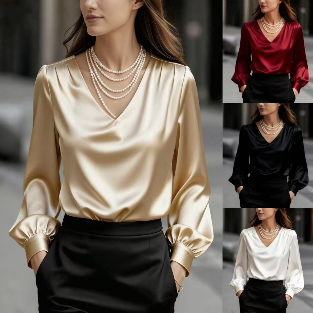 Spot 2025 Amazon Wish Independent Station New French Style Puff Sleeve V Neck Satin Long-Sleeved Shirt for Women