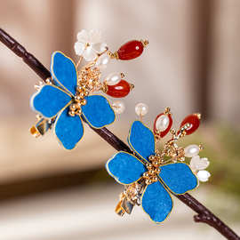 古风手工掐丝绒布发夹仿绒花汉元素汉服头饰夹子仿点翠烧蓝发饰