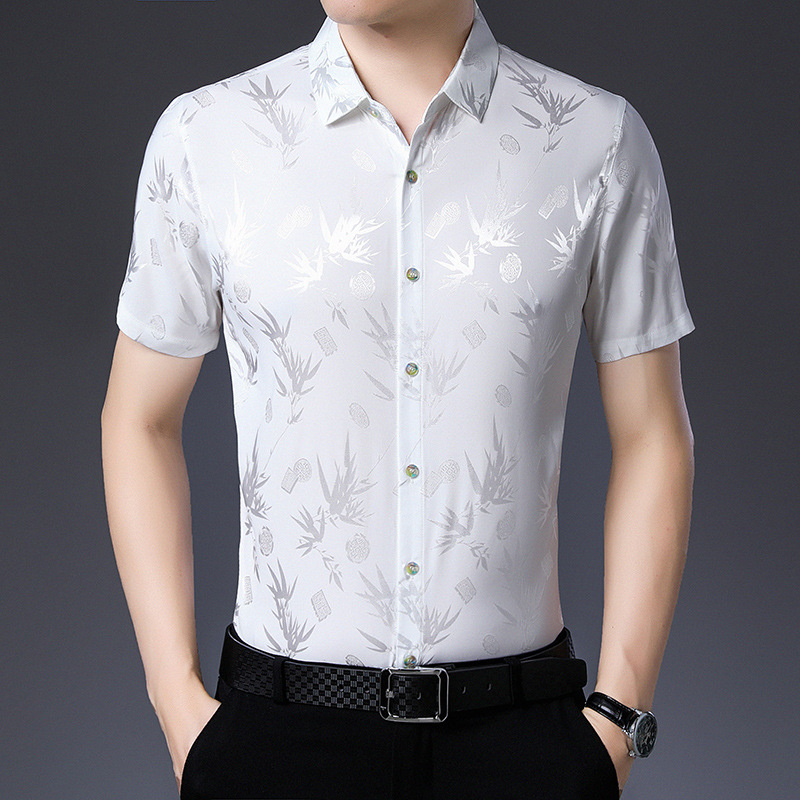 Camisa floral de seda de hielo de los hombres de mediana edad manga corta verano Delgado negocio casual papá media manga verano camisa de seda artificial