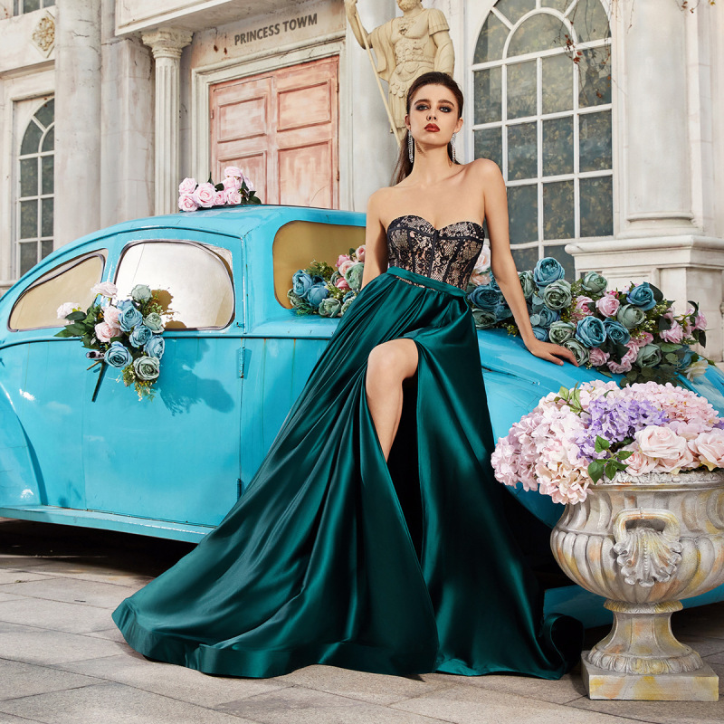 2024 New Hot-Selling European and American Cross-Border Dress, Elegant Satin Strapless Lace Patchwork High-Slit Dress 2024 New Hot-Selling European and American Cross-Border Dress, Elegant Satin Strapless Lace Patchwork High-Slit Dress