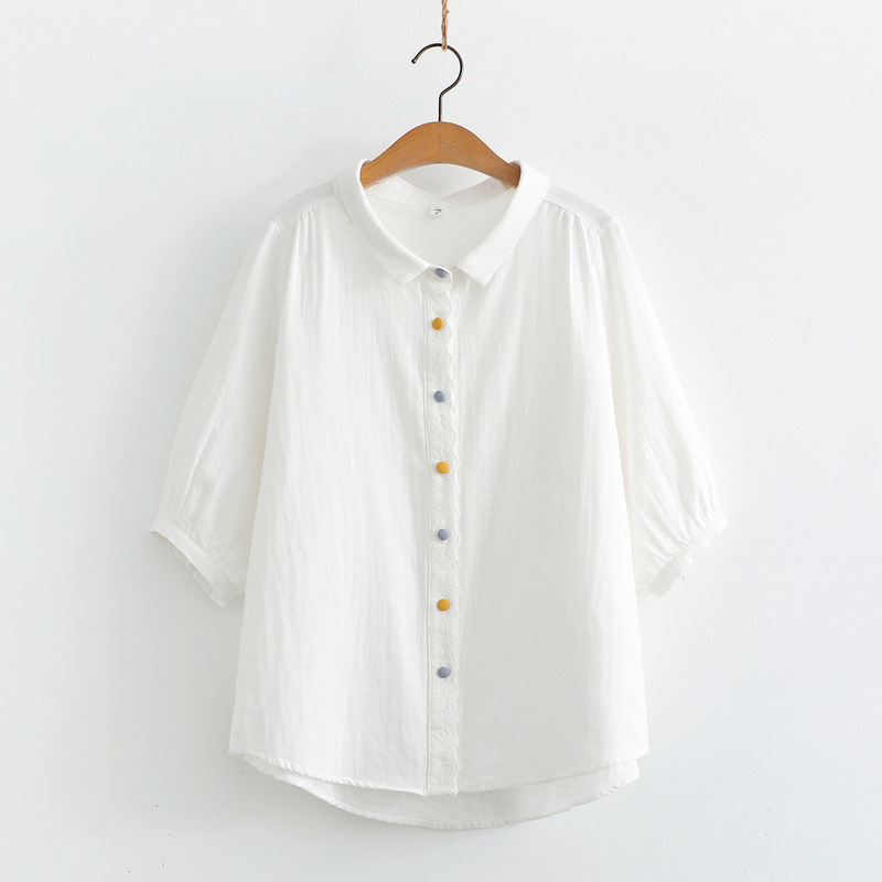 Double-Layer Cotton Gauze Three-Quarter Sleeve Shirt for Women 2025 Summer Embroidered Lace Placket Beautiful and Chic Pure Cotton Top