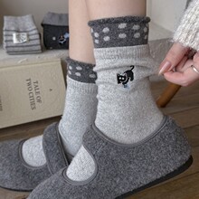 灰色系羊毛袜子女秋冬款刺绣条纹中筒袜韩系波点翻边百搭堆堆袜