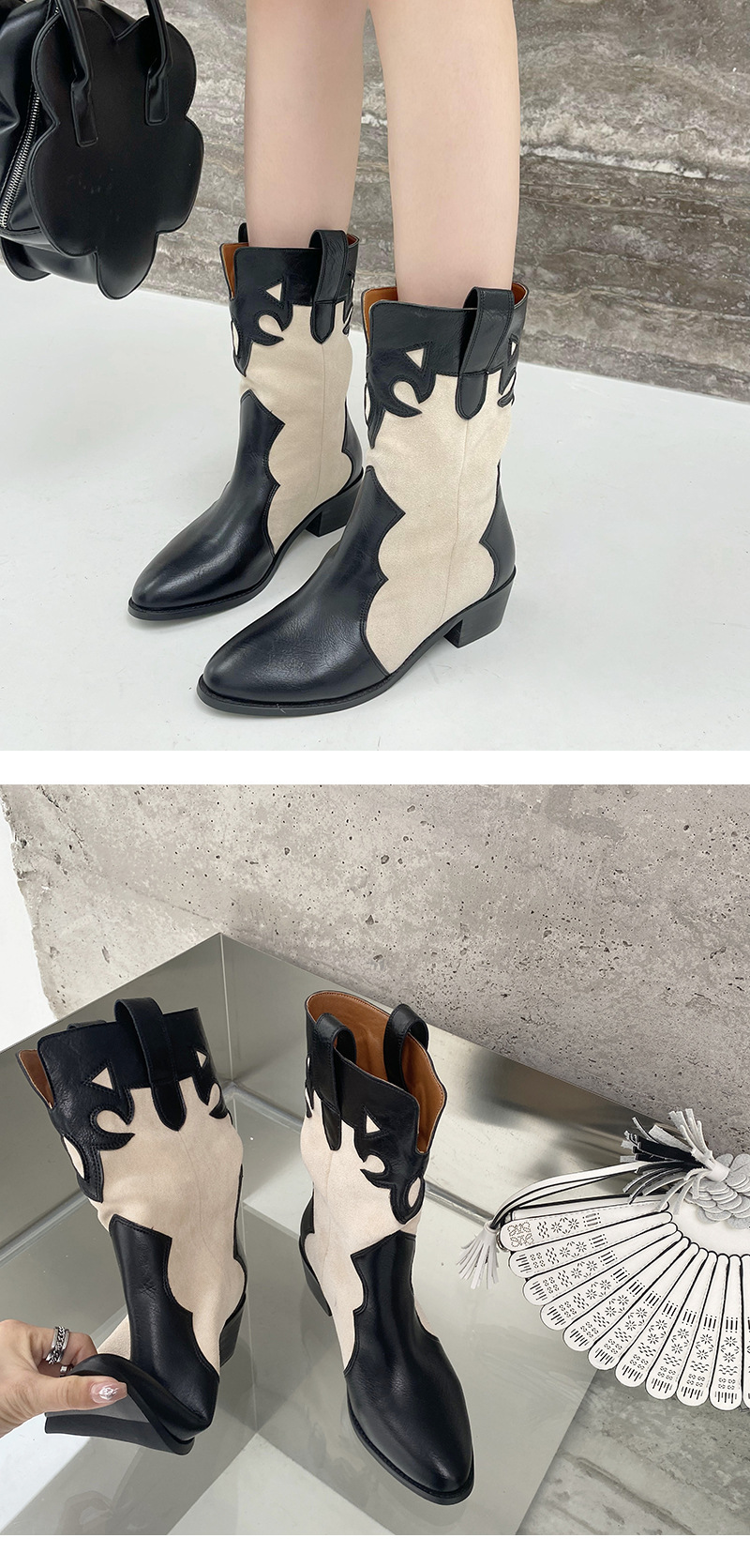 2024 Fashion Pointed Korean Edition Temperament Splicing Simple and Versatile Sleeve Thick Heel Short Boots for Women_voghion.com