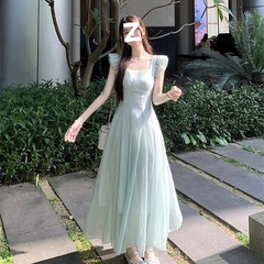 フレンチスイートスクエアネック小飛袖ドレスレディースサマーリゾートスタイルスリムロングスカート優しいウエストAラインスカート