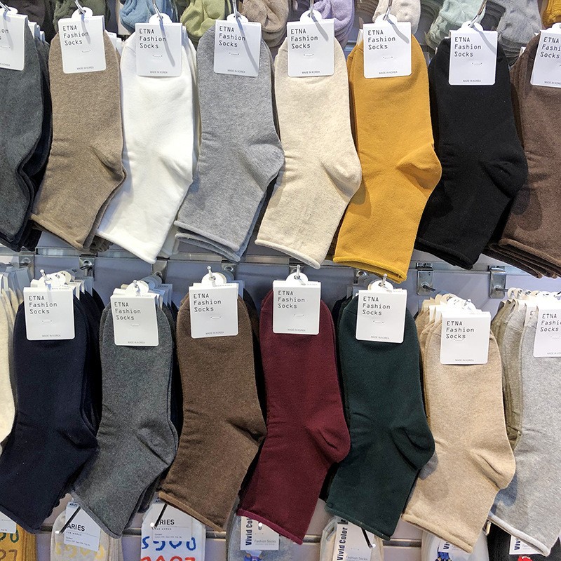 批发韩国袜子女士棉袜日系纯色简约舒适自然卷边女棉袜中筒堆堆袜