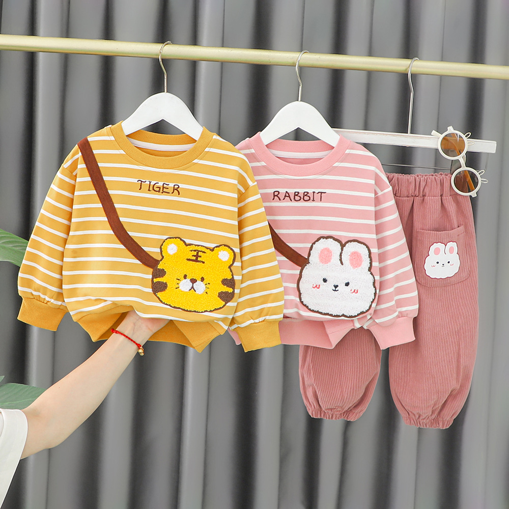 3695童装新款男女童条纹棉圆领卫衣长袖套宝宝休闲长裤两件套代发