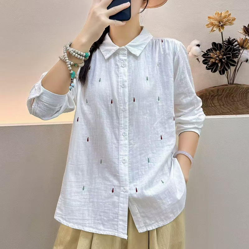 Double-Layer Cotton Gauze Long-Sleeved Shirt for Women Loose 2025 Autum Embroidered Water Drop Pure Cotton Soft Large Size Artistic Women's Shirt Double-Layer Cotton Gauze Long-Sleeved Shirt for Women Loose 2025 Autum Embroidered Water Drop Pure Cotton Soft Large Size Artistic Women's Shirt
