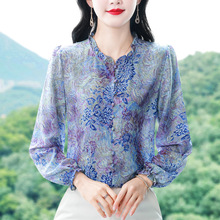 2025秋季新款长袖烫金印花桑蚕丝雪纺衬衫气质大码洋气女装批发