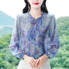 2025秋季新款长袖烫金印花桑蚕丝雪纺衬衫气质大码洋气女装批发