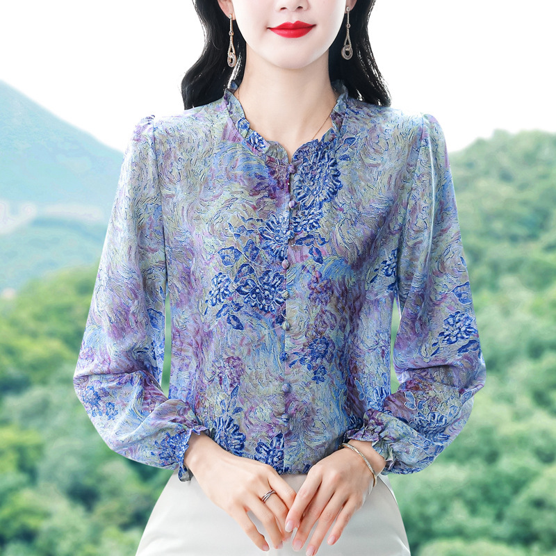 2025秋季新款长袖烫金印花桑蚕丝雪纺衬衫气质大码洋气女装批发|undefined