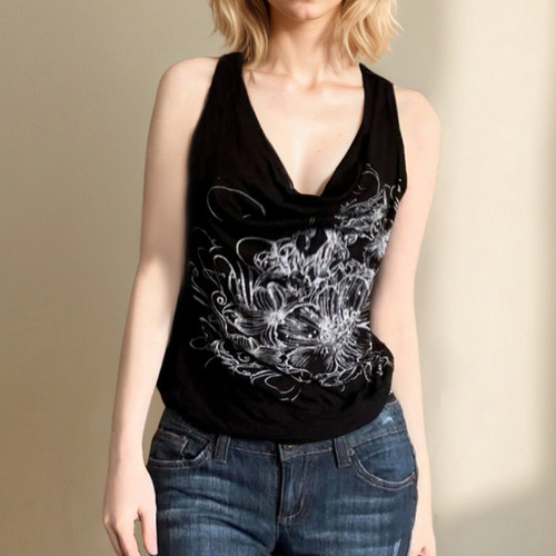 2025 European and American Women's Retro Print Swing Collar Backless Top with Two-Way Design, One-Shoulder Sleeveless Slimming Stylish Top