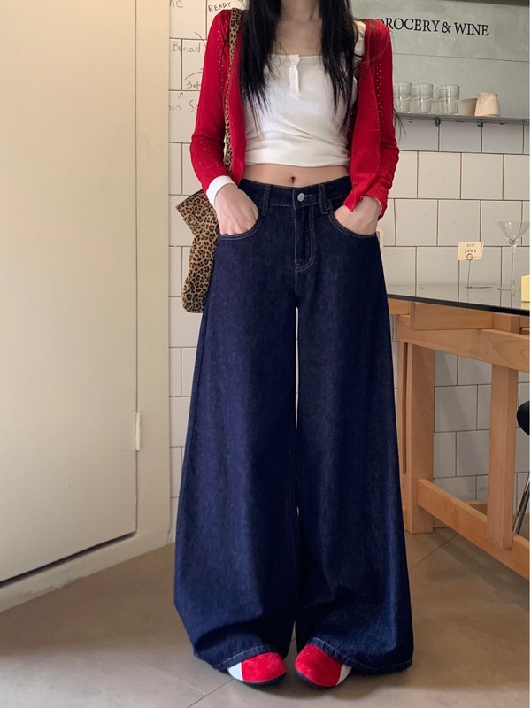 梨形身材深蓝色阔腿牛仔裤女秋季新胖妹妹mm高腰宽松显瘦拖地裤子|undefined