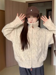 高领麻花拉链开衫毛衣女款2025新款秋冬季加厚慵懒风立领针织外套
