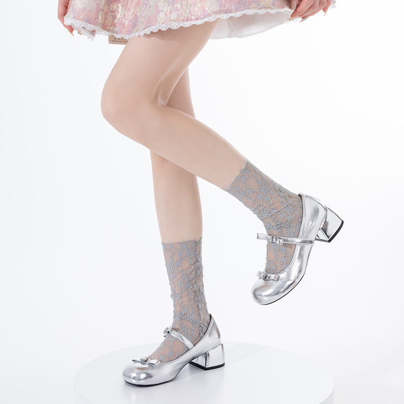 Calcetines de pila de estilo fino de verano, flor de encaje, medias jk huecas, estilo de ballet, malla transpirable, chica miu, tubo medio