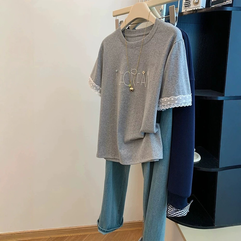 Cross-Border Plus-Size Gray 120kg Patchwork Lace Short-Sleeve T-Shirt Women's Fashion 2026 Summer Trendy Top Cross-Border Plus-Size Gray 120kg Patchwork Lace Short-Sleeve T-Shirt Women's Fashion 2026 Summer Trendy Top