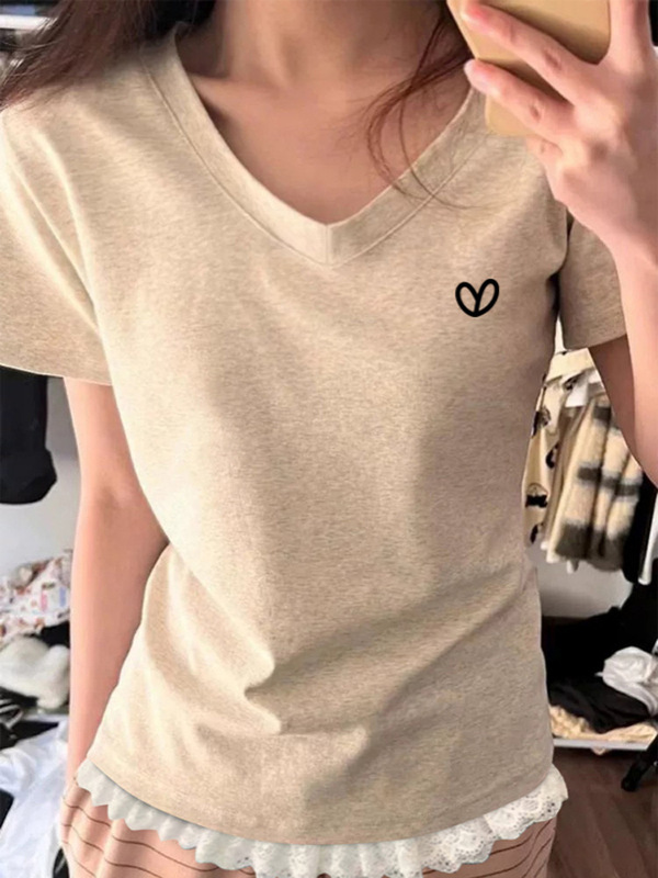 2025 New Summer Korean Style Sweet Lace Slim Fit V-Neck Top Pinch Waist Slimming Look Short-Sleeved T-Shirt for Women