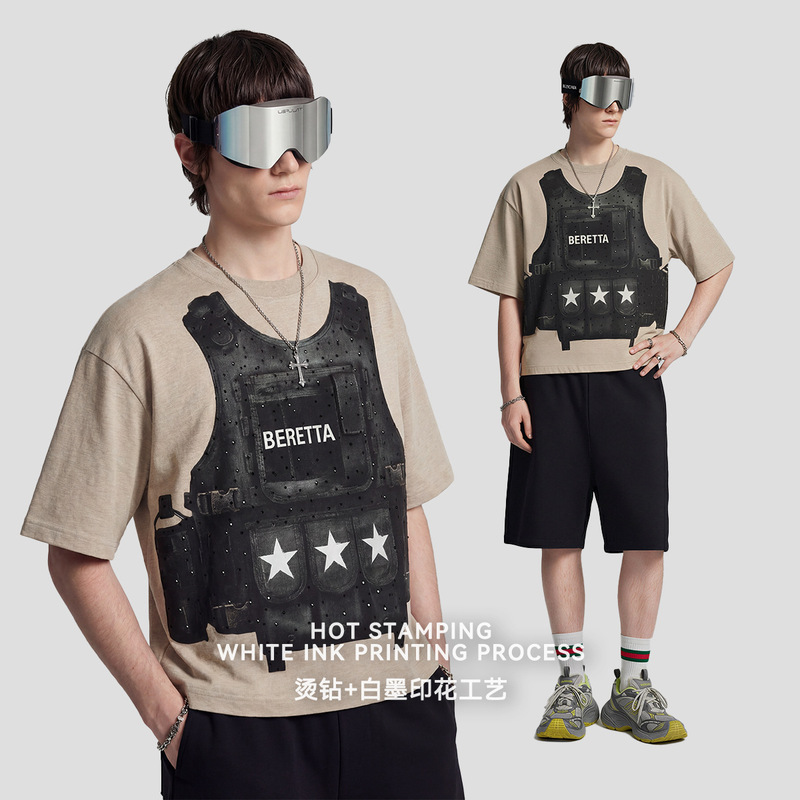 CKX Men's Clothing | Custom short-sleeve white ink print + rhinestone embellishment tactical vest bulletproof clothing boxy fit t-shirt customization CKX Men's Clothing | Custom short-sleeve white ink print + rhinestone embellishment tactical vest bulletproof clothing boxy fit t-shirt customization