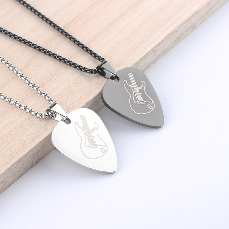 Cross-Border Men's Love Guitar Music Pick Necklace Military Brand Titanium Steel Jewelry Glossy Pendant Sweater Chain