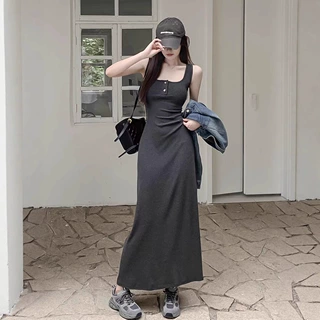 法式海边度假方领长裙子女夏季修身气质灰色高级感吊带背心连衣裙