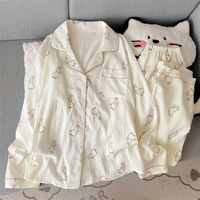 Spring and Autumn Pajamas Women's Cloud Cotton Long Sleeves Trousers Cardigan Lapel Suit Cartoon Cute Loose Outerwear Home Clothes Spring and Autumn Pajamas Women's Cloud Cotton Long Sleeves Trousers Cardigan Lapel Suit Cartoon Cute Loose Outerwear Home Clothes