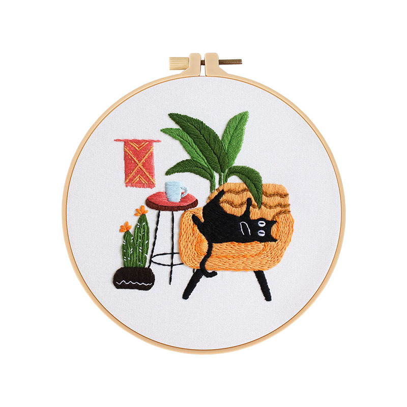 Nuevo original DIY hecho a mano bordado material paquete vacaciones gato negro gato flores y plantas ventana sofá inglés transfronterizo