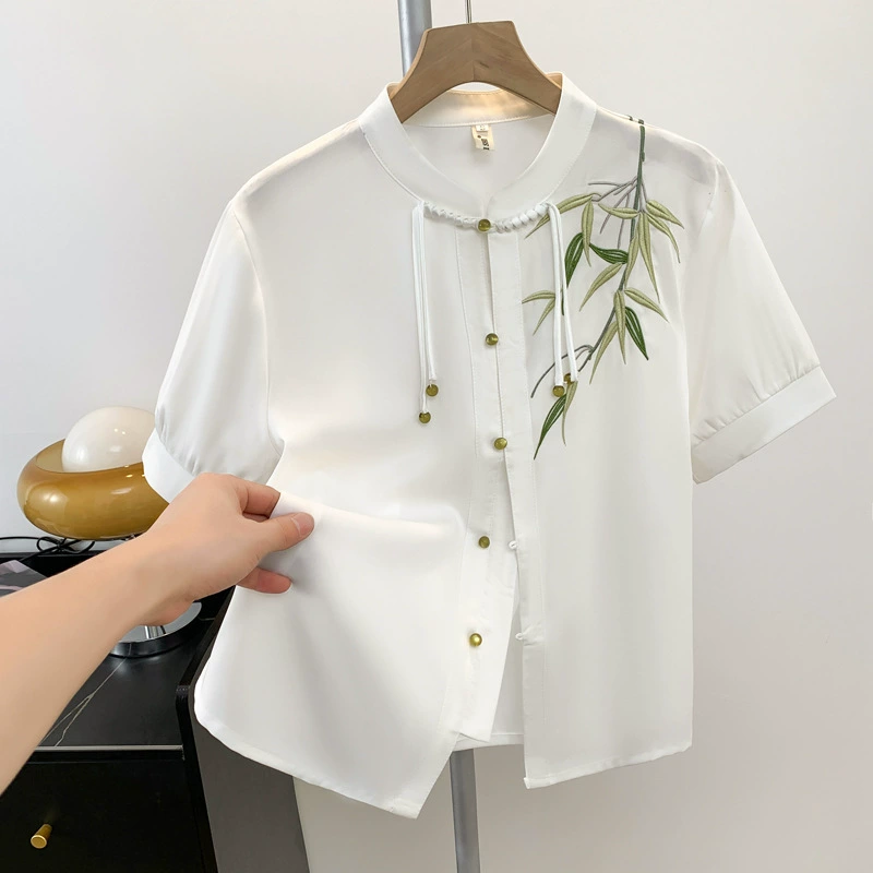 Новые летние простые топы с короткими рукавами в китайском стиле, рубашки с вышивкой, универсальные свободные рубашки для похудения в национальном тренде для женщин