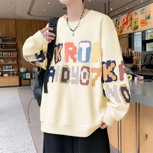 Trendy Stylish American Crew Neck Sweatshirt Men Spring and Autumn Season Youth Heavyweight Color Block Base Layer Top Shirt Lazy Jacket