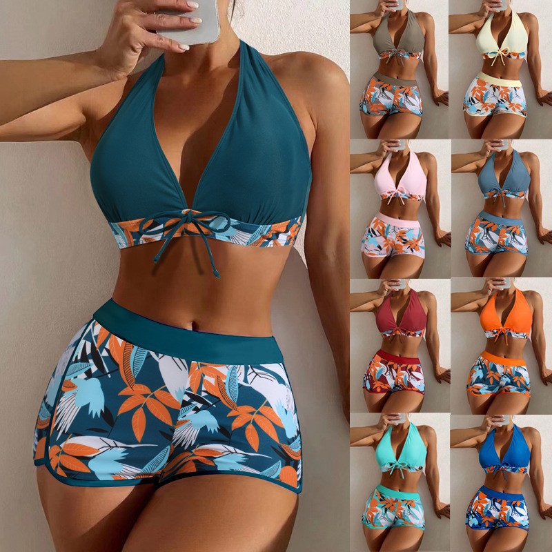 2024 European and American Foreign Trade Swimsuit Women's Split High Waist Stitching Strap Flat Angle College Sports Style Surfing Bikini