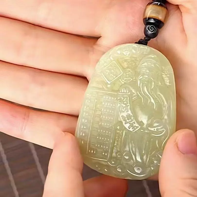 天然阿富汗财神吊坠男女玉石玉坠白玉算盘财神爷玉佩项链玉牌挂坠