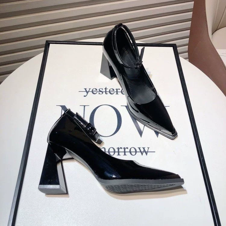 Ботильоны на каблуке с пряжкой в одну линию, толстые каблуки, новые 2025 года, черные, профессиональная обувь на каблуке, одиночные туфли