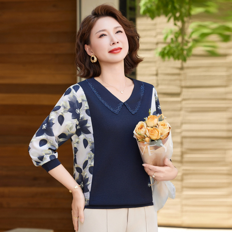 中老年女装春秋时尚针织小衫妈妈秋装洋气减龄长袖T恤打底衫衣|undefined