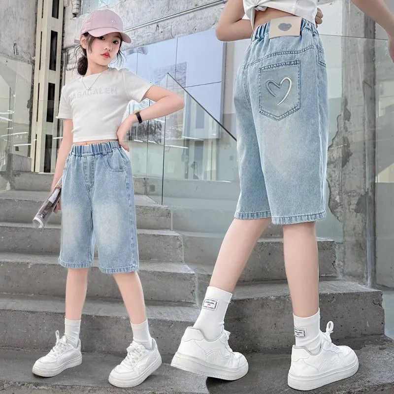 女の子夏パンツデニムショートパンツ2025新作ミディアムパンツ女の子中大子供用おしゃれ薄手スタイル|undefined