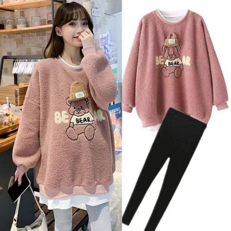 임산부 가을 겨울 의류 정장 스웨터 그물 레드 램 울 플러스 벨벳 두꺼운 바닥 착용 가짜 투피스 임산부 최고 트렌드