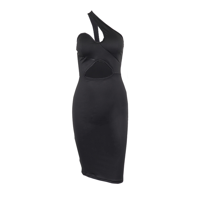 Solid Color Slanted Shoulder Sleeveless Hollow Slim Dress NSJYF109003