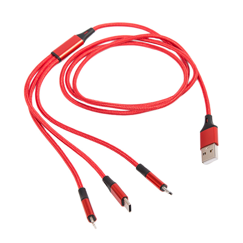 Cable de carga de teléfono móvil tres en uno tejido de nailon de fábrica para el cable de datos uno a tres de Apple tipo Android
