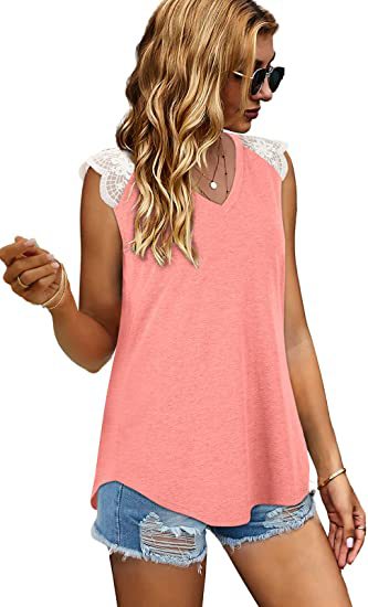 Abbigliamento da donna 2024 T-shirt canotta allentata in pizzo patchwork da donna estivo 2024 con maniche volanti_voghion.com