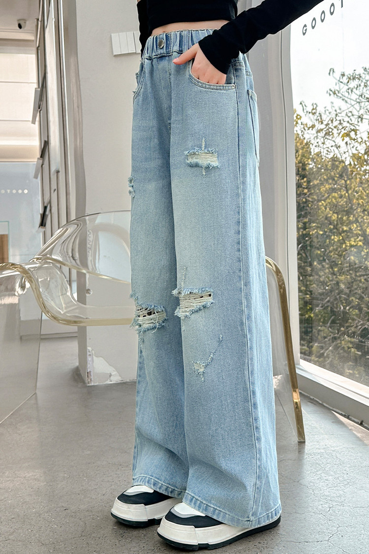 Girls 25 Spring Ripped Label Denim Wide Leg Pants 2515 New Children's Miscellaneous European And American Jeans_voghion.com