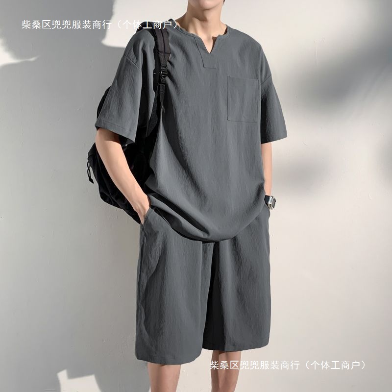 2025 summer men's leisure suit Chinese style extra large size 300kg sports suit V collar T two-piece Hong Kong style