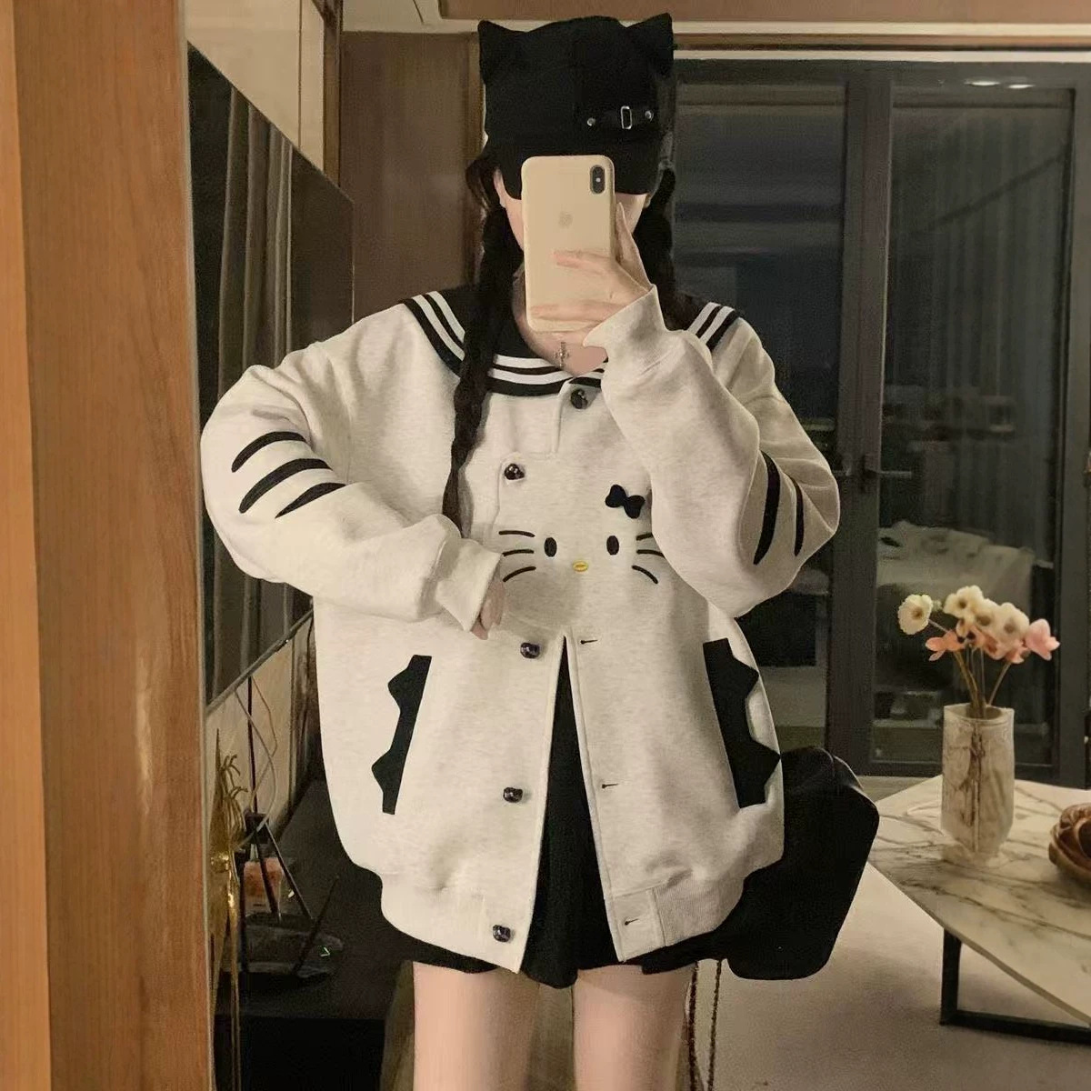 韩版学生猫咪刺绣棒球服海军领卫衣短外套女2026春秋新款潮流夹克