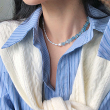 S925银海蓝宝不规则拼接天然母贝项链简约清冷感小众海边度假配饰