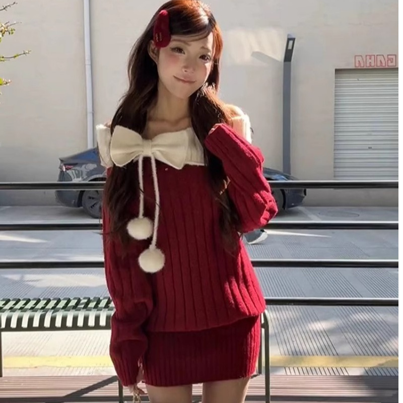 Christmas Outfit Red Sweater Dress for Women Autumn and Winter Bow-Knot Pom-Pom Knitwear Loose One-Shoulder Top