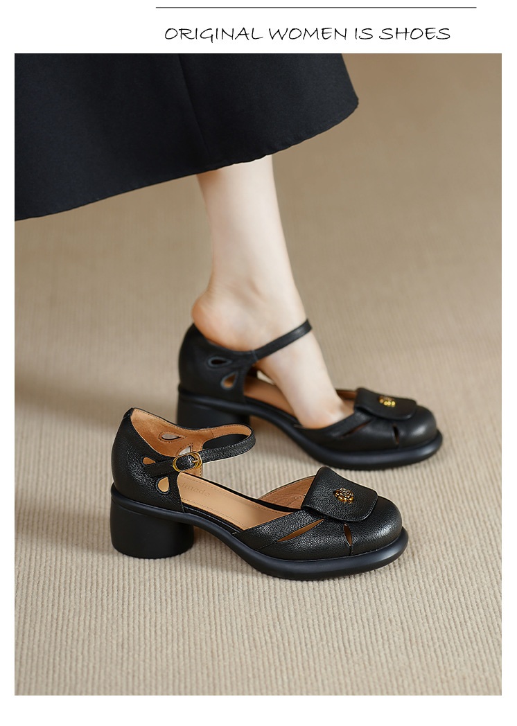 Sandal nữ đế dày 5cm gót hoa trà quai ngang khóa mũi — đen chi tiết 8