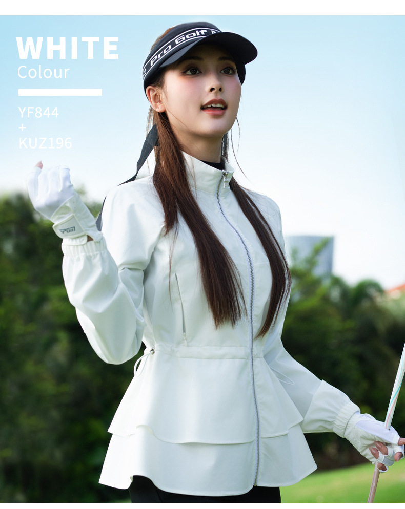 Áo khoác golf nữ cổ đứng, viền lông, dây kéo, chống gió chống thấm — Áo khoác màu xám [vải chống gió/chống thấm nước và chống văng/dây thắt lưng có thể điều chỉnh] YF844 chi tiết 7