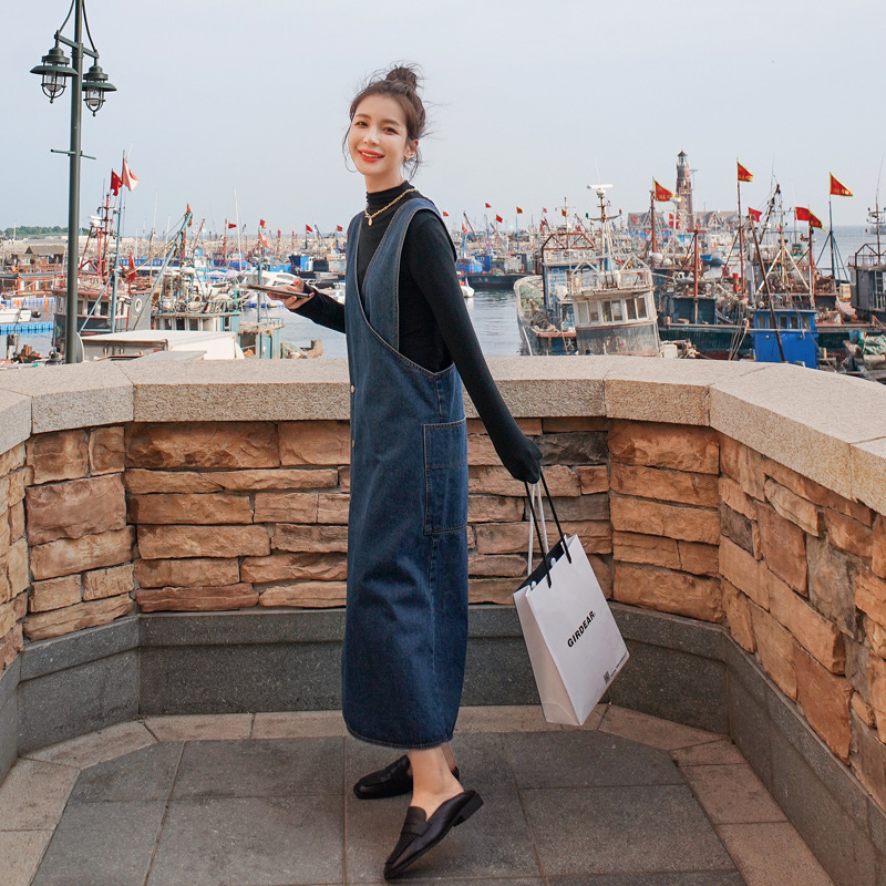 2021春秋ノースリーブデニムワンピースレディースフレンチスタイル個性派若見え着痩せキキョウ柄サスペンダーロングワンピース通勤