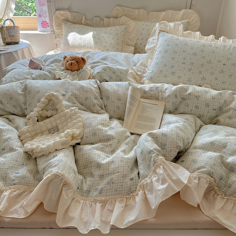 クラスA母子グレードの純綿4点セット、フランス製二重ガーゼ、小花柄、綿100レース寝具|undefined