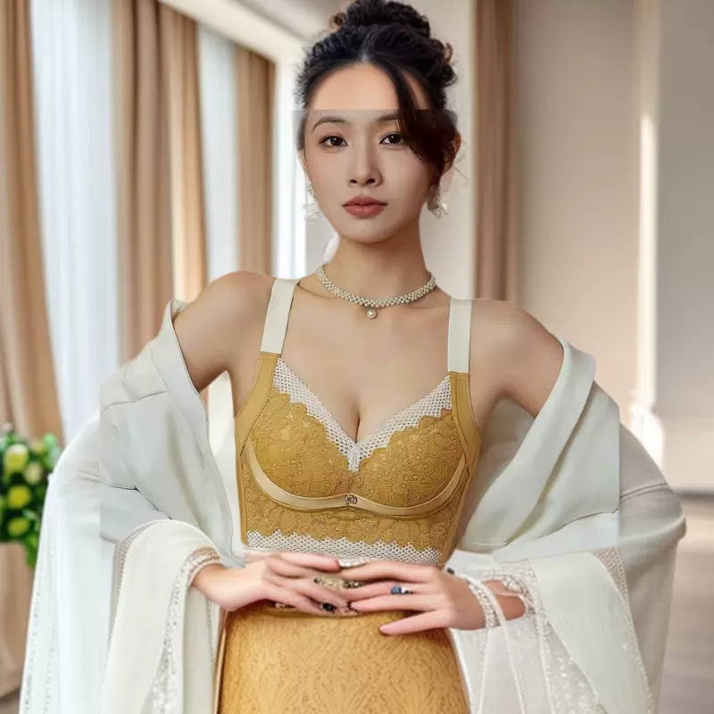 美容院性感蕾丝轻奢调整型文胸撞色杯面无钢圈聚拢防下垂内衣女