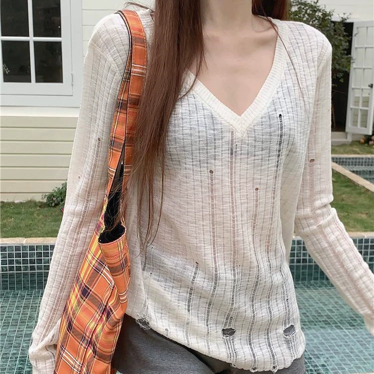 Ультралегкий летний свитер с длинным рукавом v-образной горловиной, slim fit